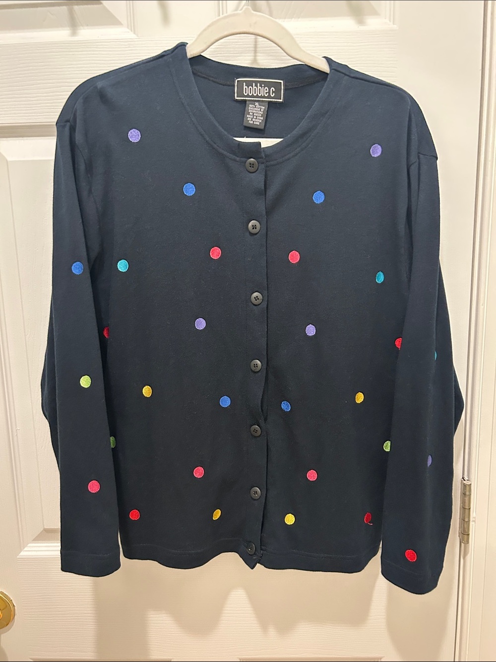Bobbie C Navy Cardigan with Multicolor Polka Dots